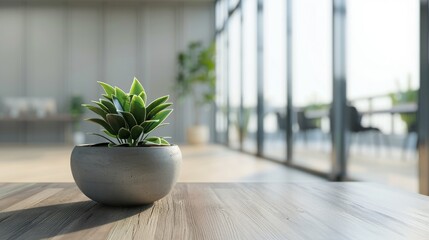 Fototapeta premium Green Plant in a Gray Pot on a Wooden Table