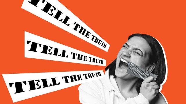 Woman with mouth sealed in adhesive tape. Free of speech, freedom of press, human rights and truth concept. Protest, democracy, liberty, equality and fraternity concepts. Stop motion, animation.