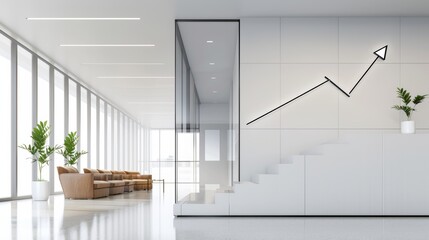 Obraz premium Arrows pointing upwards, symbolizing business growth, with a sleek office backdrop featuring glass walls and modern furniture