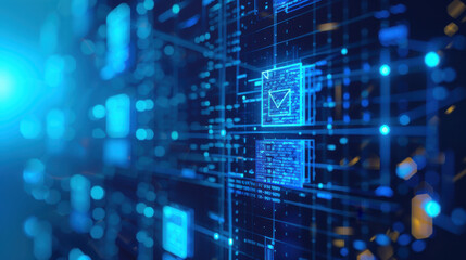 Fototapeta premium A digital representation of compliance standards on a blue screen, featuring checkboxes and policy documentation, showcasing adherence to regulatory guidelines