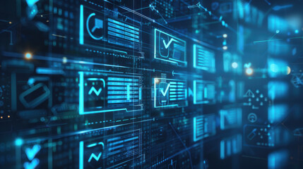 A digital screen with a blue hue displaying compliance guidelines, regulatory policies, and checkbox lists, illustrating proper adherence to standards