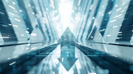 Obraz premium Multiple metallic arrows pointing upwards, surrounded by financial charts and graphs, in a futuristic office environment