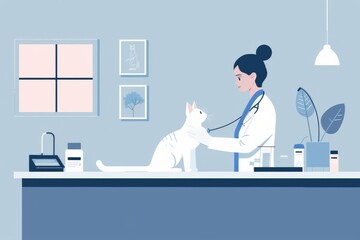 Veterinarian with stethoscope examining white cat on examination table. Animal healthcare and veterinary care concept.