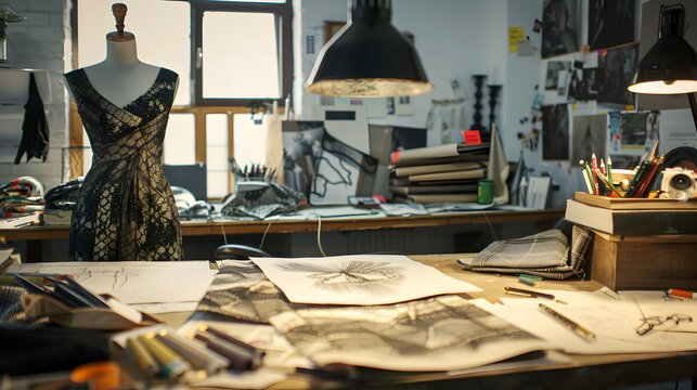 Professional Fashion Designer's Studio: An image of a fashion designer working in a creative studio, with sketches, fabrics, and a mannequin. The focus should be on the artistry and innovation of fash