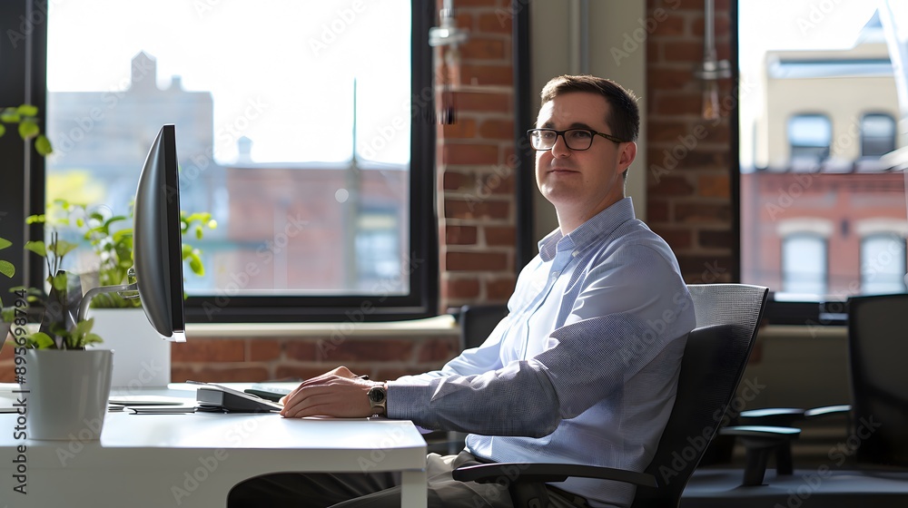 Wall mural man in blue shirt sits at desk in office