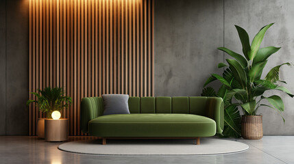 3d rendering of modern interior design with green sofa and plants in concrete room with wooden slats wall and warm lighting
