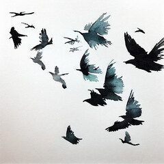 Obraz premium Black birds flying in the sky watercolor vector illustration, isolated on white background, black and white nature art, beautiful drawing in oriental style