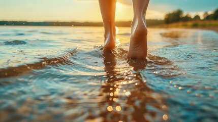 Close-up of women's feet above the water on the lake.


