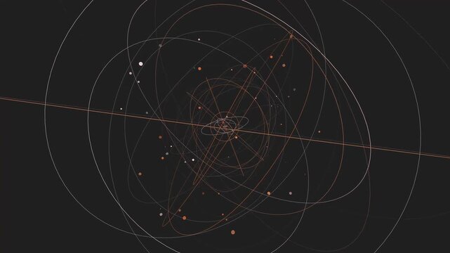 Seamless loop Complex Orbital Paths in Deep Space. Multitude of intersecting orbits in shades of orange and white, symbolizing celestial bodies or satellites in a gravitational dance