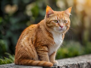 orange cat with blur background, orange cat is sitting and looking