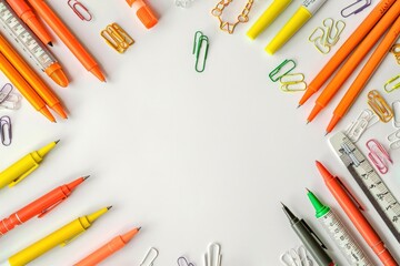 Stationery in a triangular arrangement on a white background, orange pens and yellow pencils featured, alongside a ruler and colorful markers.
