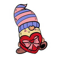 Cartoon Gnome Holding Gift Box - Valentine's Day Vector Clipart.