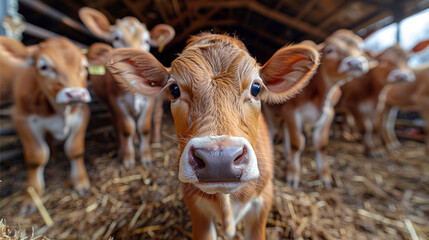 Cute Jersey cows on a farm, captured with a wide-angle lens to include the charming rural setting and pastoral scenery.

