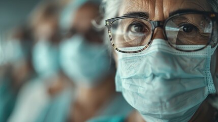 Several medical professionals wearing masks and surgical attire in a close-up shot, with a blurred background, highlighting their dedication, focus, and service.