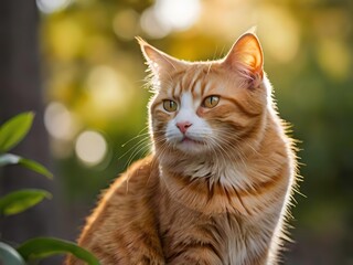 Obraz premium orange cat with blur background, orange cat is sitting and looking