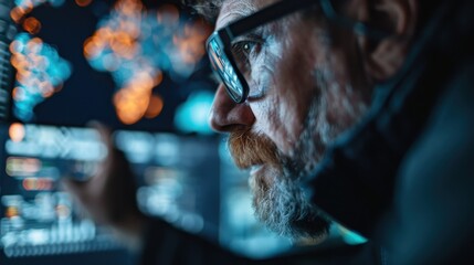 A technician focuses on analyzing data displayed on several colorful screens filled with details, representing high-tech environment dedicated to technical analysis.