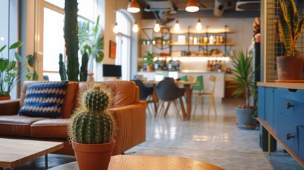 Fototapeta premium Cactus on a Table in a Stylish Cafe Interior
