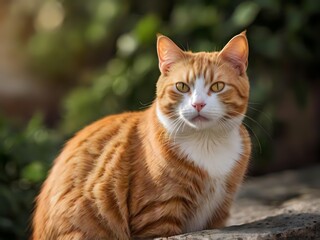 Fototapeta premium orange cat with blur background, orange cat is sitting and looking