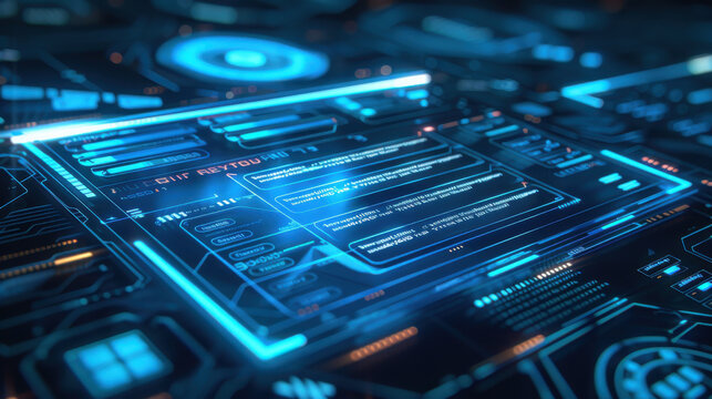 A futuristic blue virtual interface with a detailed list of compliance rules and checkboxes, emphasizing the importance of following legal standards and policies