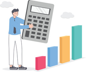 man with calculator and growth chart diagram arrow. ascending arrow chart and calculator. market demand, growing economic trend, financial growth calculation. business growth. vector illustration.

