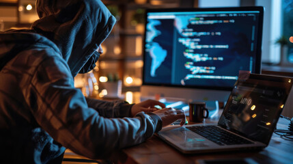 Fototapeta premium A hacker in a dark hoodie working on a laptop, with a screen displaying a successful security breach notification