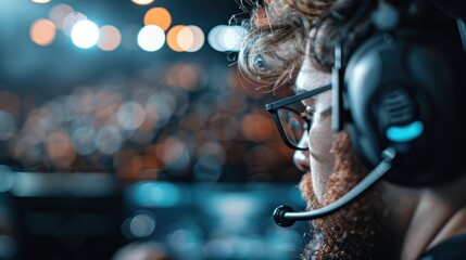 A close-up captures a gamer wearing a headset, deeply immersed in gameplay at an esports event, with bokeh lights in the background highlighting the energy of the scene.