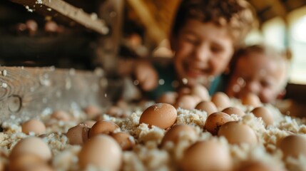 Excited children enjoying time together on a farm, playfully handling eggs amidst grains, embodying the spirit of adventure, exploration, and the joy of farm life.