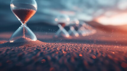 This captivating image shows a series of hourglasses placed in a row, each with cascading sand depicting the continuous and relentless flow of time in a serene, dreamy landscape.