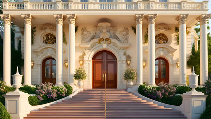 Obraz premium A grand exterior entrance of a luxurious mansion with ornate details