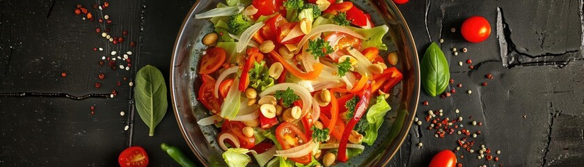 Fresh vegetable salad with tomatoes, lettuce, and nuts on a dark background, garnished with spices and herbs.
