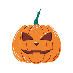 Halloween pumpkin icon in flat style. Spooky pumpkin with smile, happy face. Orange squash. Vector illustration isolated on a white background.