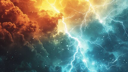 Bold lightning bolts, sleek comic book style background, blue and yellow tones, copy space for text, dynamic and striking composition.
