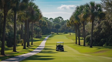 Golf cart driving down path lined with palm trees at golf course