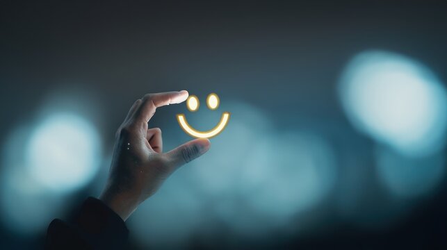 Hand touching glowing smiley face icon on dark background showing customer satisfaction and positive feedback, highlighting user, contentment approval