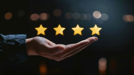 Hand holding four stars icon showing customer satisfaction, evaluating service quality, rating experience