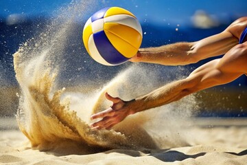 A poignant moment in the game. A volleyball falls on the sand. A volleyball player tries to hit the ball. Concepts of summer Olympic sports.