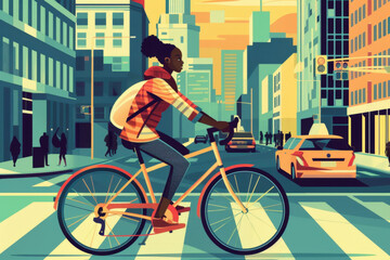 Fototapeta premium Young woman leisurely rides her bike through a bustling city crosswalk, surrounded by urban life