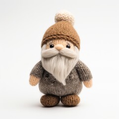 A cute dwarf doll, crafted from yarn, stands against a white background