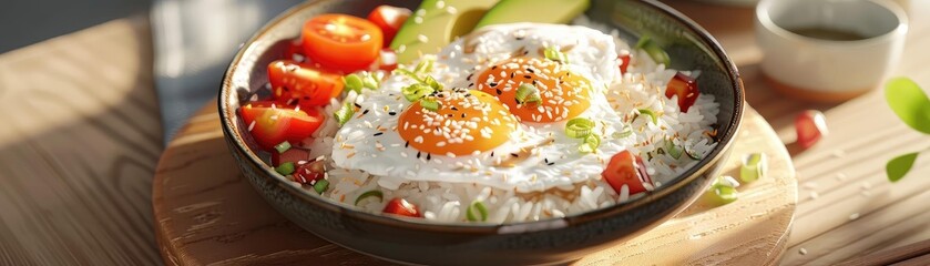 Obraz premium Delicious and healthy breakfast bowl with fresh strawberries, fried eggs, avocado, and rice, served in a ceramic bowl on a wooden table.