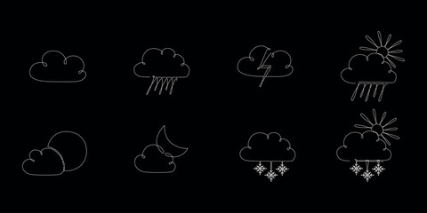 Fototapeta premium Weather one single line symbols set. Continuous editable stroke hand drawn line. Vector stock illustration isolated on black chalkboard background for design travel blog, meteorology forecast day.
