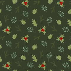 Christmas seamless pattern with holly and fir branches and berries. Vector repeat  texture for textile or wrapping paper. Winter holiday plants wallpaper.