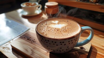 Warm cup of frothy cappuccino in a cozy cafe setting with sunlight streaming in, perfect for a morning pick-me-up.