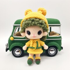 A cheerful crocheted elf doll in a yellow dress and hat stands before a green van