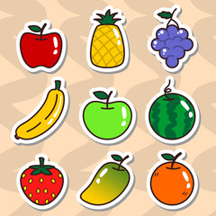 Fresh fruit stickers in vector EPS format, ideal for children's learning, posters, icons, symbols, and books. Suitable for teaching fruit names. Flat cartoon fruit with cutting lines for easy printing