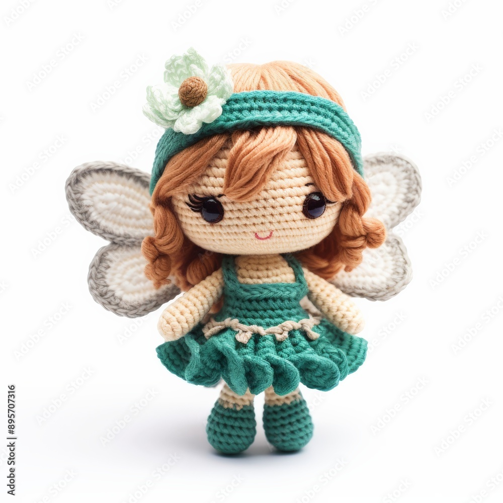 Wall mural A sweet crochet fairy doll with wings, brown hair, and a green dress