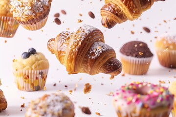 Croissant, muffin and cupcake. Dessert. Pastry. Gravity. Sweet course. Glazed donut. Almond. Freshly sweet baked goods. Afters