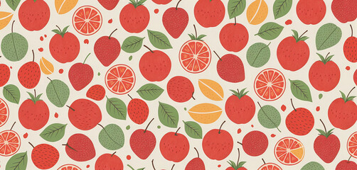 Illustrative and colorful representation of different fruits and leaves side by side