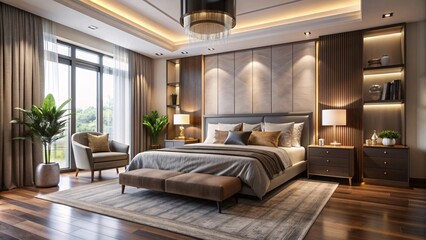 Fototapeta premium A contemporary bedroom featuring elegant decor.