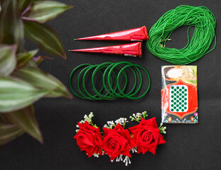 Shrawan Month Green Bangles, Mehendi Cones, Tika, Hair Flowers Gajra, necklace for Hindu Festival