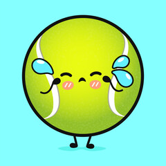 Cying Tennis ball character. Vector hand drawn cartoon kawaii character illustration icon. Isolated on blue background. Sad Tennis ball character concept